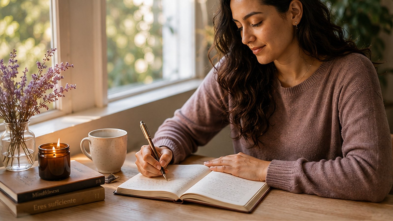 Mujer latinoamericana escribiendo en su diario en un espacio cálido y sereno