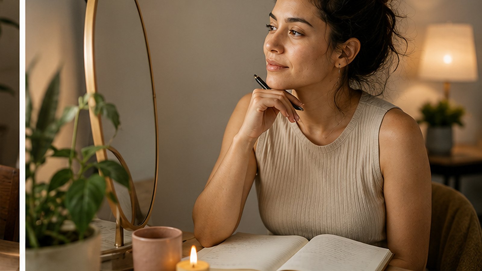 Mujer latinoamericana reflexionando frente al espejo con libreta abierta