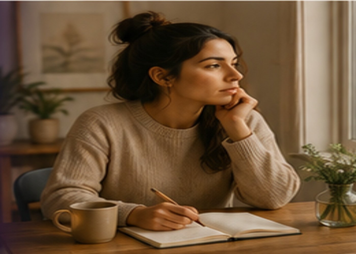 Persona en un momento cotidiano de reflexión y observación personal