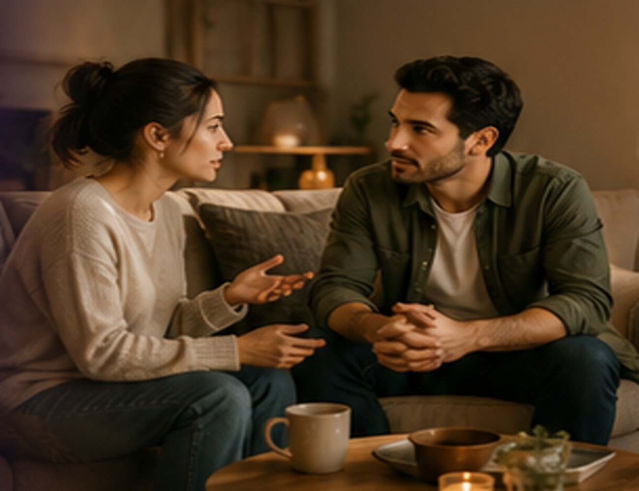 Pareja adulta conversando con atención y cercanía