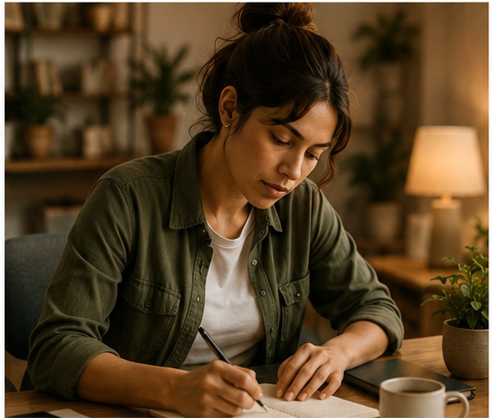 Persona escribiendo y reflexionando sobre lo que necesita expresar